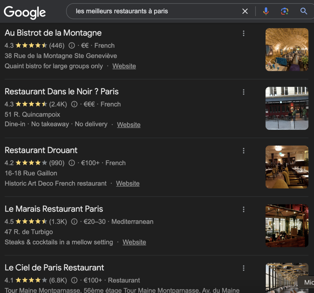 Résultats de recherche sur mobile affichant les meilleurs restaurants à Paris, soulignant l'importance de l'optimisation mobile en SEO local.